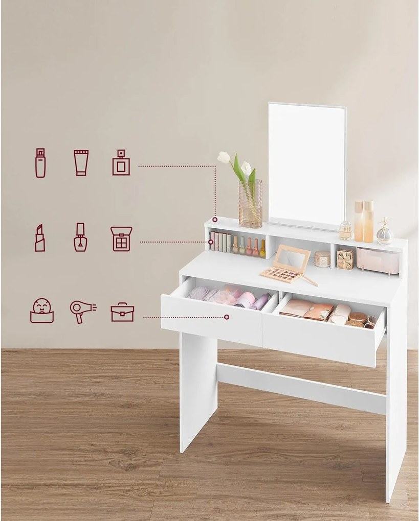 Toaletný stolík, kozmetický stolík s 2 zásuvkami a 3 priehradkami, biely