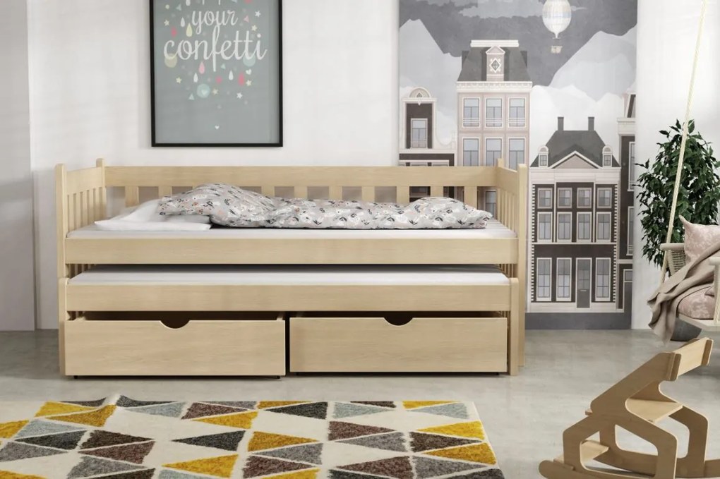 Detská posteľ z masívu borovice KRYŠPÍN s prístelkou a šuplíky - 200x90 cm - PRÍRODNÁ BOROVICA