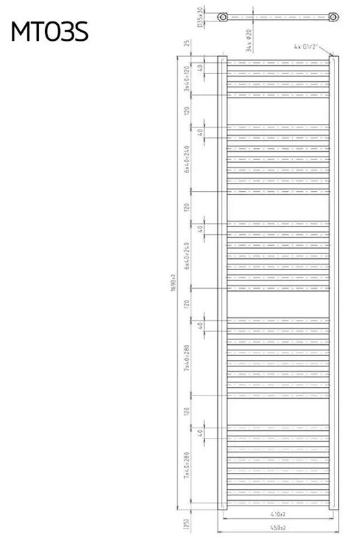 Mereo, Vykurovací rebrík 450x970 mm, rovný, biely, stredové pripojenie, MER-MT01S