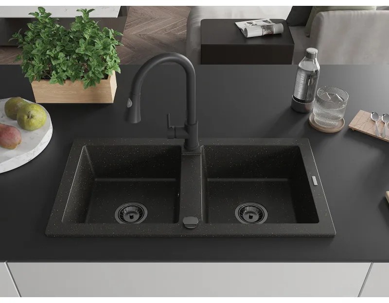 Mexen Mario, 2-komorový granitový drez 820x436x161 mm a drezová batéria Elia, čierna-zlatá metalíza, 6504-75-670101-70-B