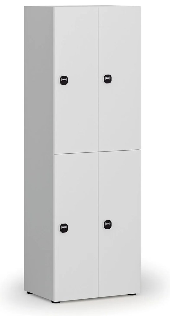 Drevená šatníková skrinka s úložnými boxmi, 4 boxy, RFID zámok, sivá/biela