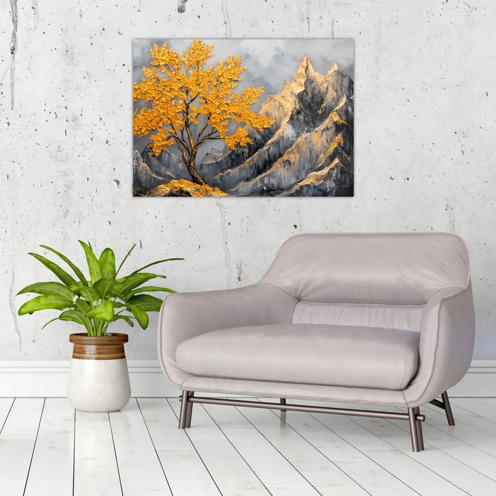 Sklenený obraz – Zlatý strom v horách (70x50 cm)