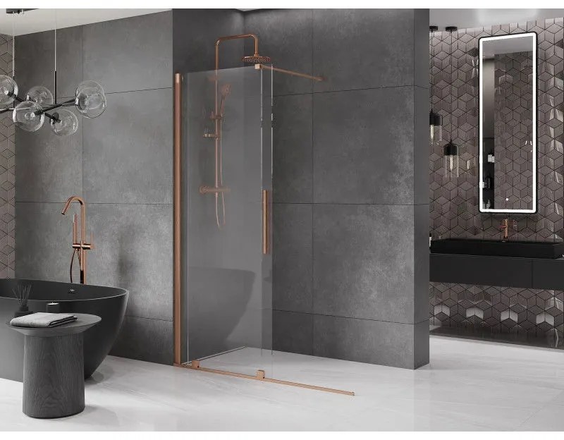 Mexen Velar, posuvné dvere do otvoru typ Walk-In 130 cm, 8mm číre sklo, medená matná, 871-130-000-03-65