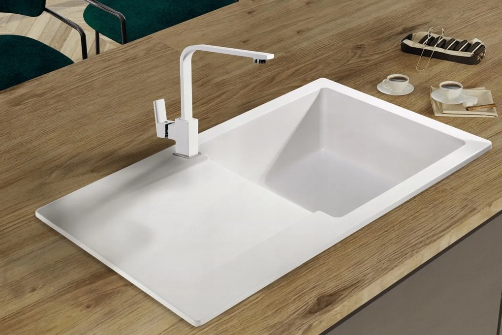 Sink Quality Ferrum, kuchynský granitový drez 770x450x190 mm + zlatý sifón, biela, SKQ-FER.W.1KDO.XG