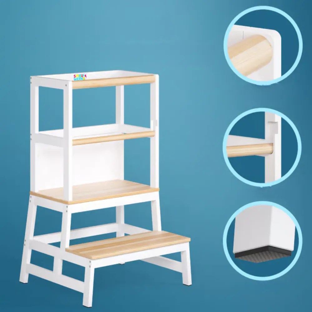 Učiaca veža PLAY borovica, 93x56x49, biela/prírodná hnedá Spielwerk