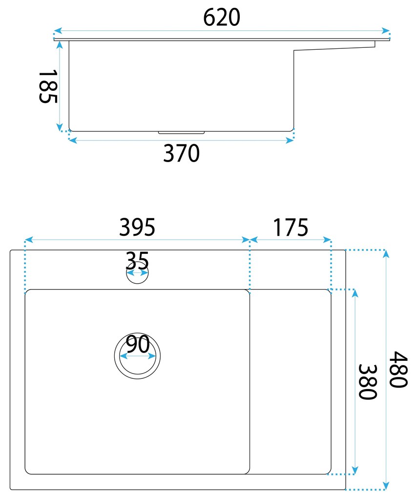 Rea Fin, 1-komorový oceľový drez 620x480x185 mm, brúsená oceľ, ZLE-06012
