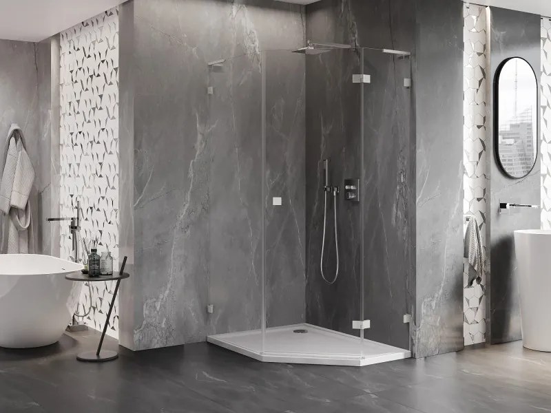 Mexen Lunar, L pravý výklopný päťuholníkový sprchový kút 80x100 cm, 8mm číre sklo, oceľový profil, 831L-080P-100L-97-00-P