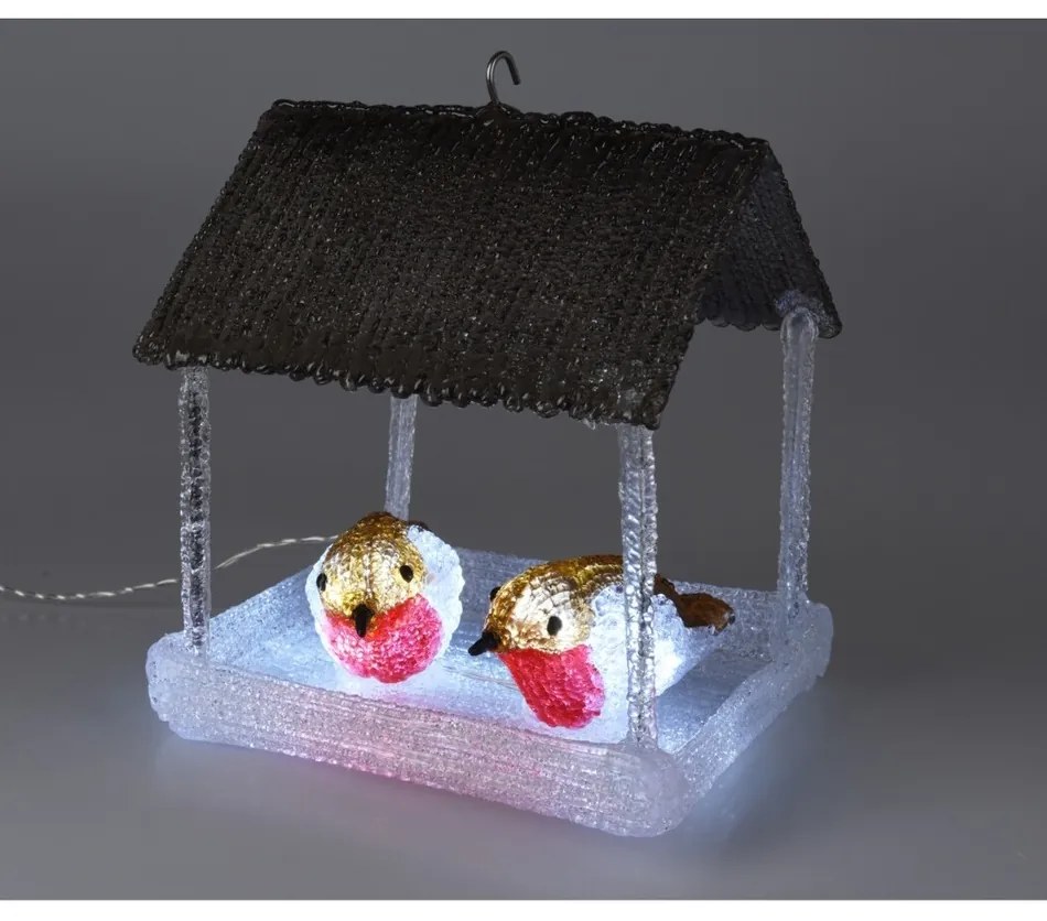 Svetelná vonkajšia dekorácia Kŕmidlo s vtáčikmi 10 LED, sivá, 18,5 x 16,5 x 23 cm