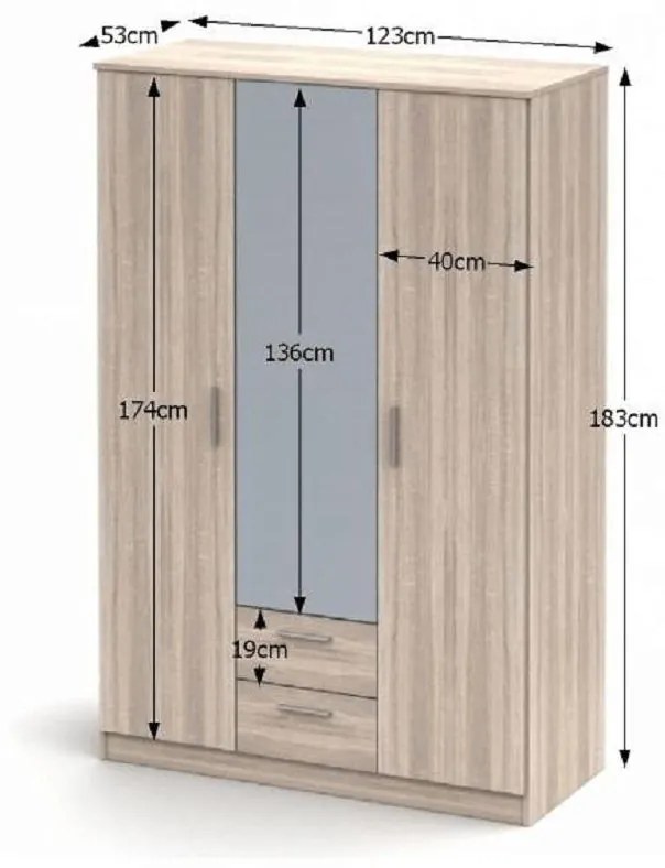 Tempo Kondela Trojdverová skriňa so zrkadlom, dub sonoma NOKO-SINGA 82