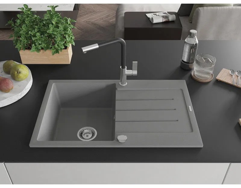 Mexen Bruno, 1-komorový granitový drez 795x495x200 mm a drezová batéria Flora, šedá, 6513-71-670401-07
