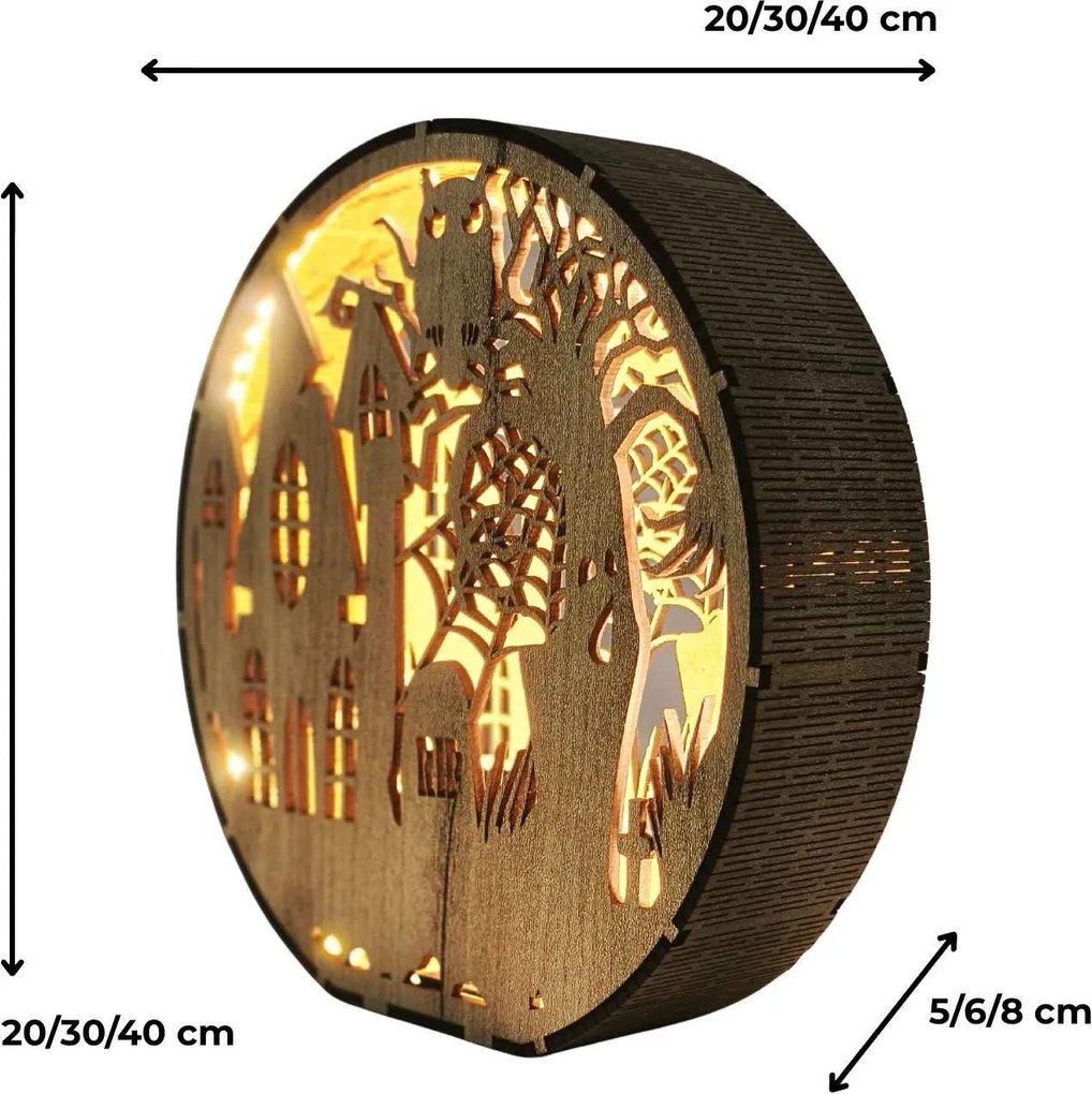 Drevená lampa Halloween - Strašidelný dom s sovou | DRACO: HDF - Orech 20 cm 4796-115339 LED0619