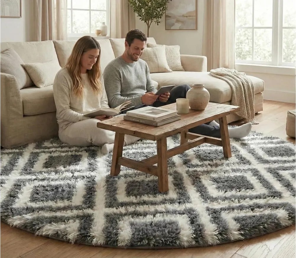 TZ Tmavosivý okrúhly vzorovaný koberec shaggy Decor Cube Rozmer: 140 cm