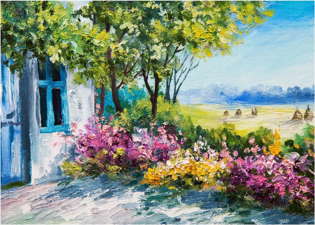 Sklenený obraz záhradky pred domom, olejomaľba (70x50 cm)