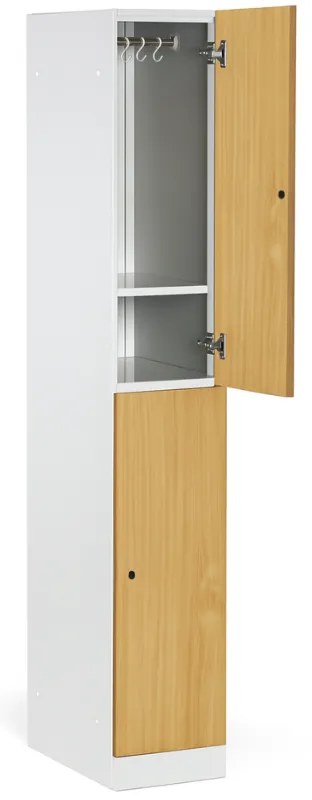 Šatníková skrinka S1 s úložnými boxmi, 2 boxy, 1850 x 300 x 500 mm, zámok s čítačkou RFID kariet, laminované dvere, buk