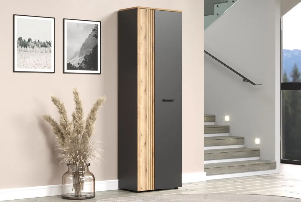 Predsieňová šatníková skriňa s policami Esteban, antracit/dub evoke