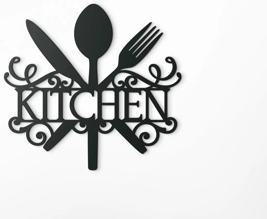 drevko Drevený nápis Kitchen s príborom a zdobením Rozmer obrazu: 32,5 x 34,5 cm, Farba dekorácie: Čierna