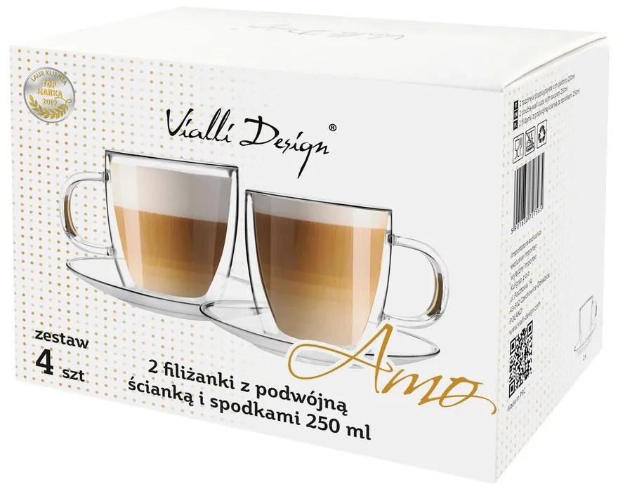 Súprava 2 dvojstenných sklenených šálkov s tanierikom Vialli Design, 250 ml