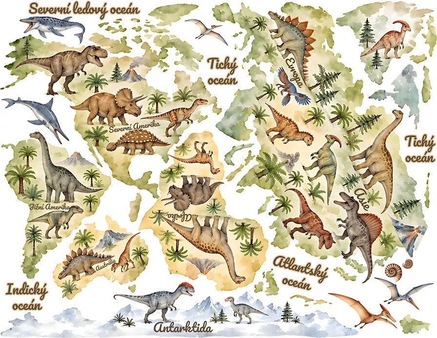 Akvarelová mapa sveta s dinosaurmi prelepiteľné nálepky na stenu výsledný rozmer 109 x 62 cm