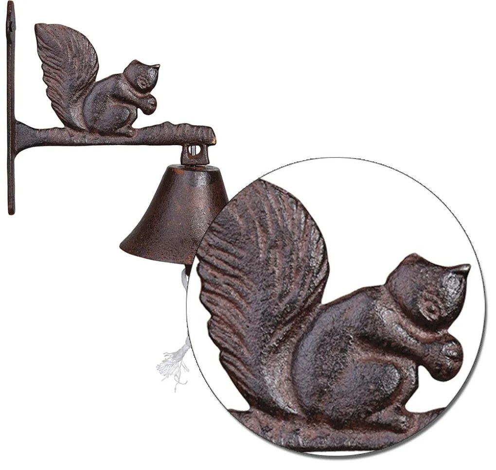 Záhradný zvonček Squirrel, 19x9,5 cm, liatina, hnedá