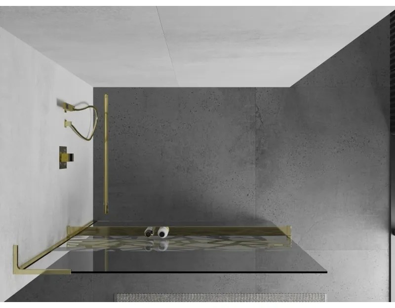 Mexen Kioto+ L, sprchová zástena Walk-In s poličkou a vešiakom 110 x 200 cm, 8mm číre sklo biely vzor, zlatý lesklý profil,800-110-123-50-85