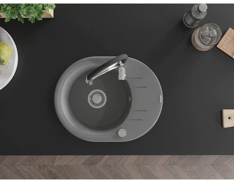 Mexen Kevin, 1-komorový granitový drez 586x458x190 mm a drezová batéria Aster, šedá, 6517-71-73450-07