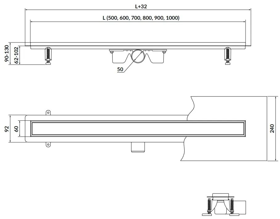 Cersanit Tako, lineárny odtokový žľab s obojstranným roštom 90cm, čierna, S907-011