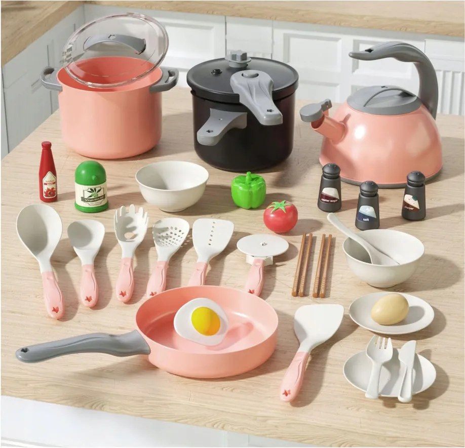 LEAN Toys Kuchynská súprava s hrncami a príslušenstvom na varenie, jedlo, ružová, 32 ks