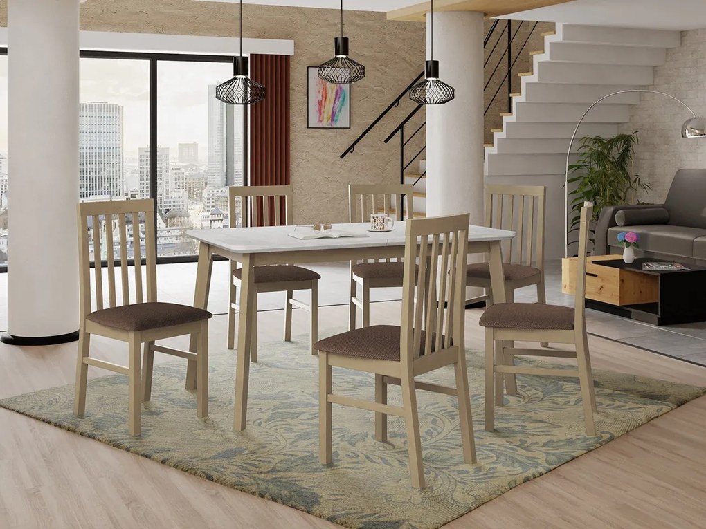 Rozkladací stôl so 6 stoličkami AL16, Morenie: biela, Poťahové látky: 26x - Kronos 22, Farby nožičiek: čierna
