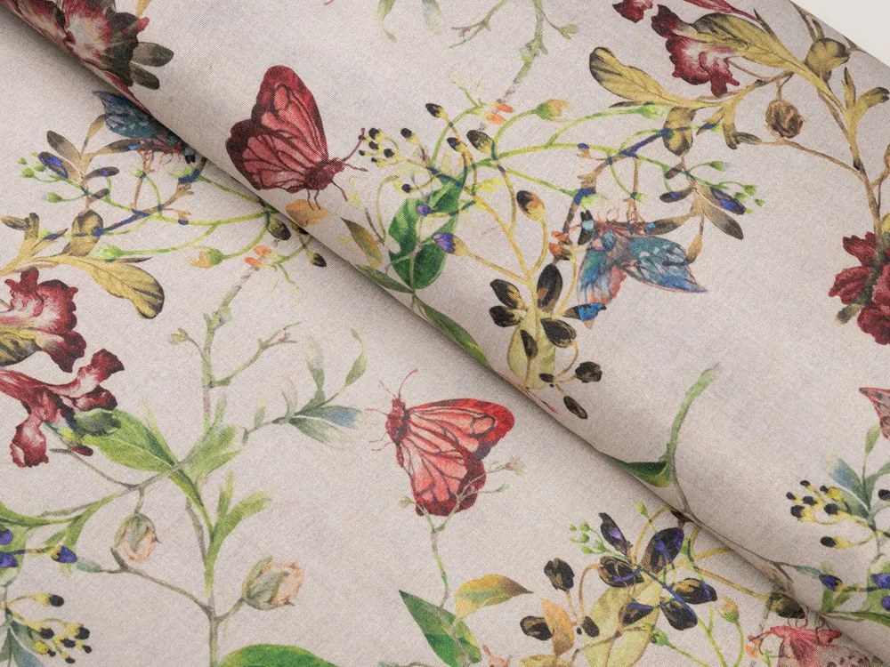 Biante Dekoračný oválny obrus PML-083 Kvety a motýle na béžovom 140x220 cm