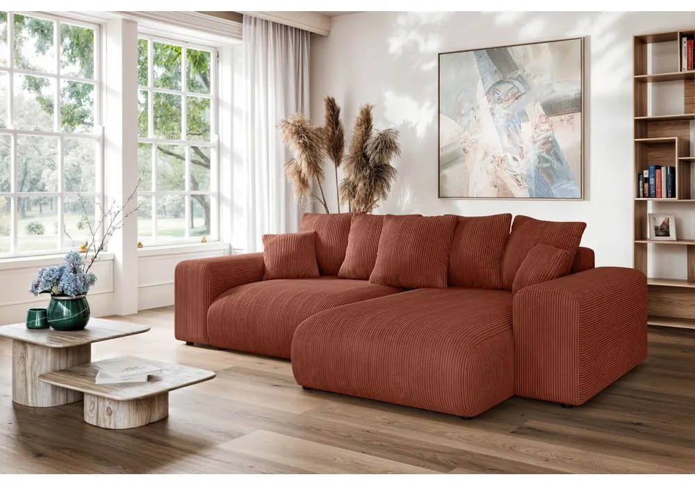 Menčestrová rozkladacia rohová pohovka s úložným priestorom v tehlovej farbe (variabilný roh) Luma – Ropez