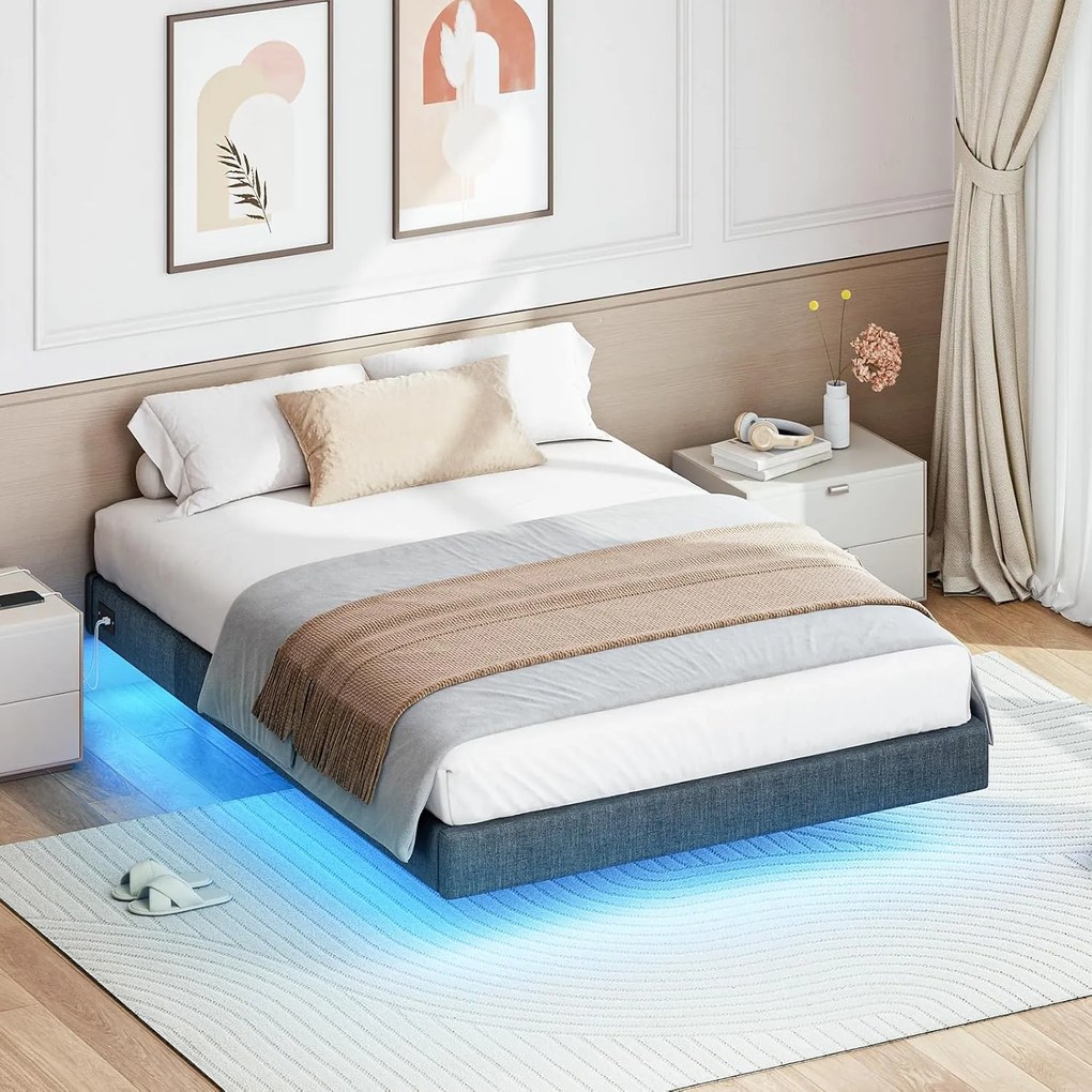 Dvoulůžková postel Timaro 140x200 s nabíjecí stanicí a LED osvětlením šedá