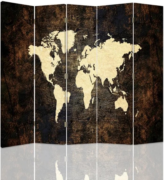 CARO Paraván - World Map On Boards 2 | päťdielny | jednostranný 180x150 cm