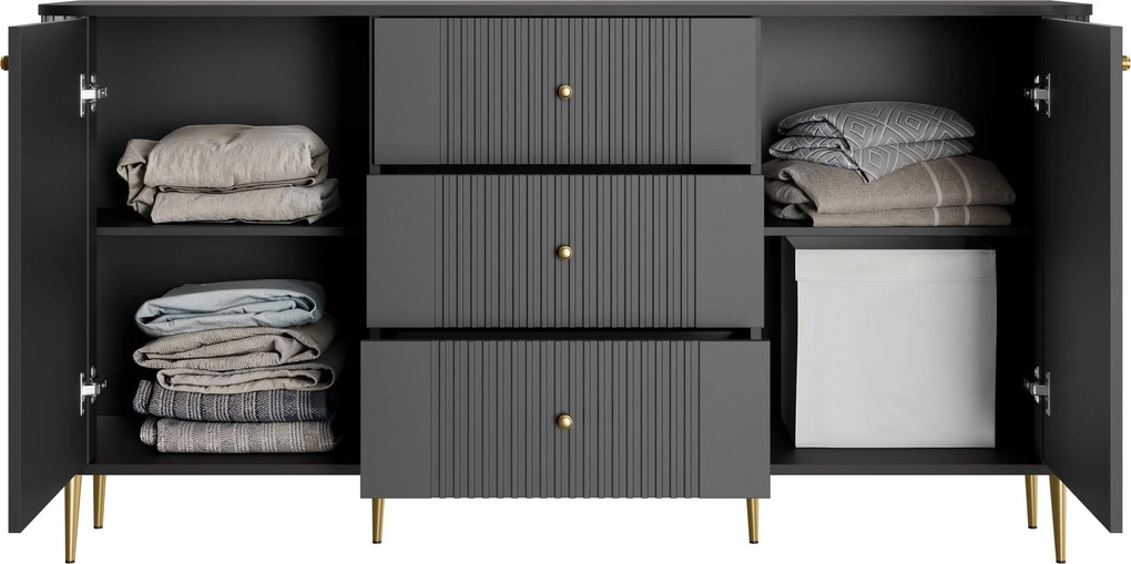 Komoda so zásuvkami Vesper 160 cm - čierna / zlaté nohy
