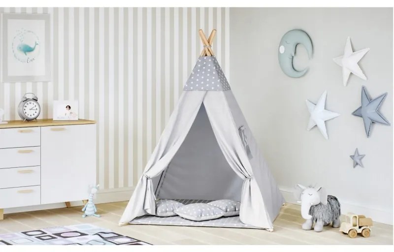 8703 DR Detský stan Teepee hviezdičky - sivý