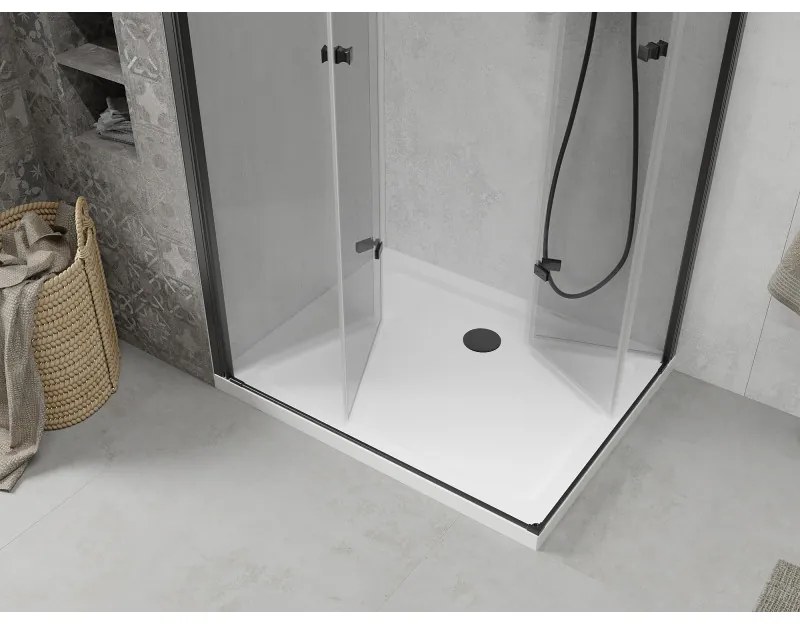 Mexen Lima Duo, sprchovací kút s 2-krídlovými skladacími dverami 90 (dvere) x 80 (dvere) cm, 6mm číre sklo, čierny profil + slim sprchová vanička 5cm biela s čiernym sifónom, 856-090-080-70-02-4010B