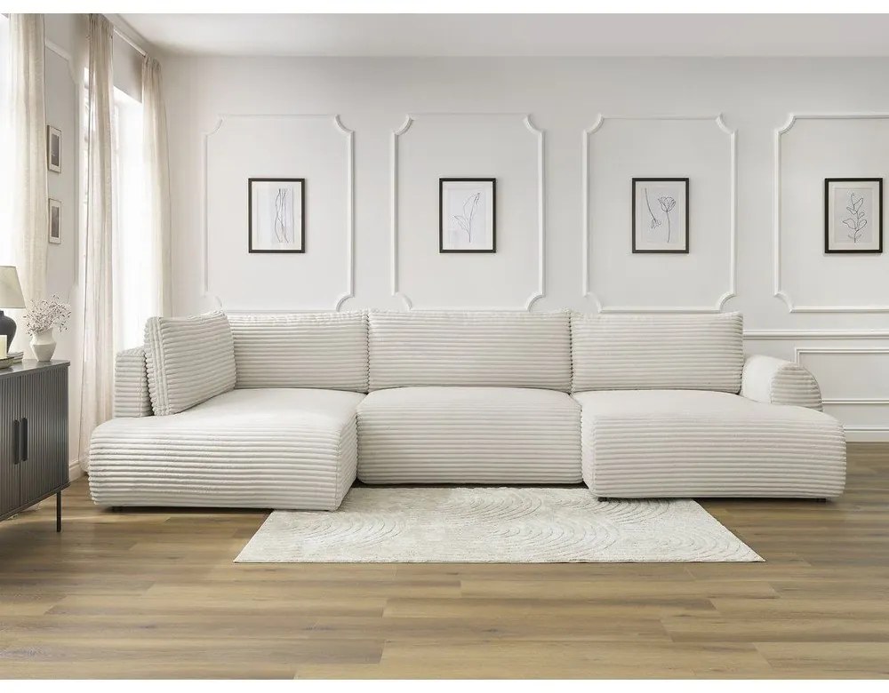 Krémovobiela menčestrová rozkladacia/s úložným priestorom rohová pohovka (ľavý roh/do tvaru "U") Lucien – Bobochic Paris