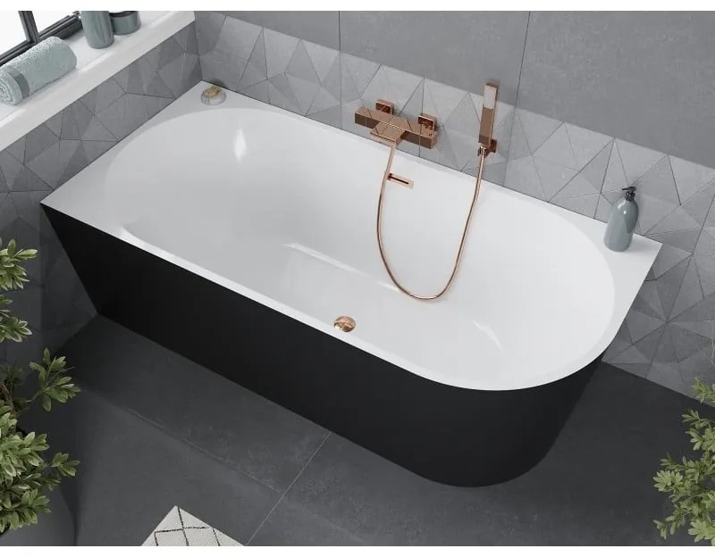 Mexen Mia, voľne stojaca rohová vaňa ľavá 140 x 75 cm, biela/čierna, prepad ružové zlato, 52691407575L-60