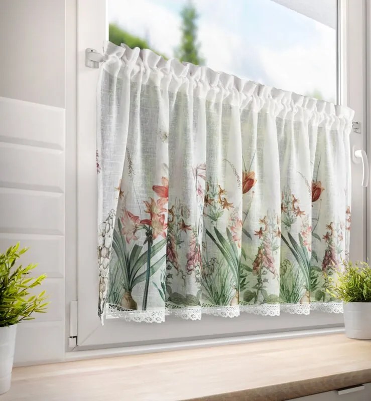 Dekorstudio Kuchynská záclonka NEMEZJA zdobená kvetinovou potlačou a čipkou 150 x 60 cm