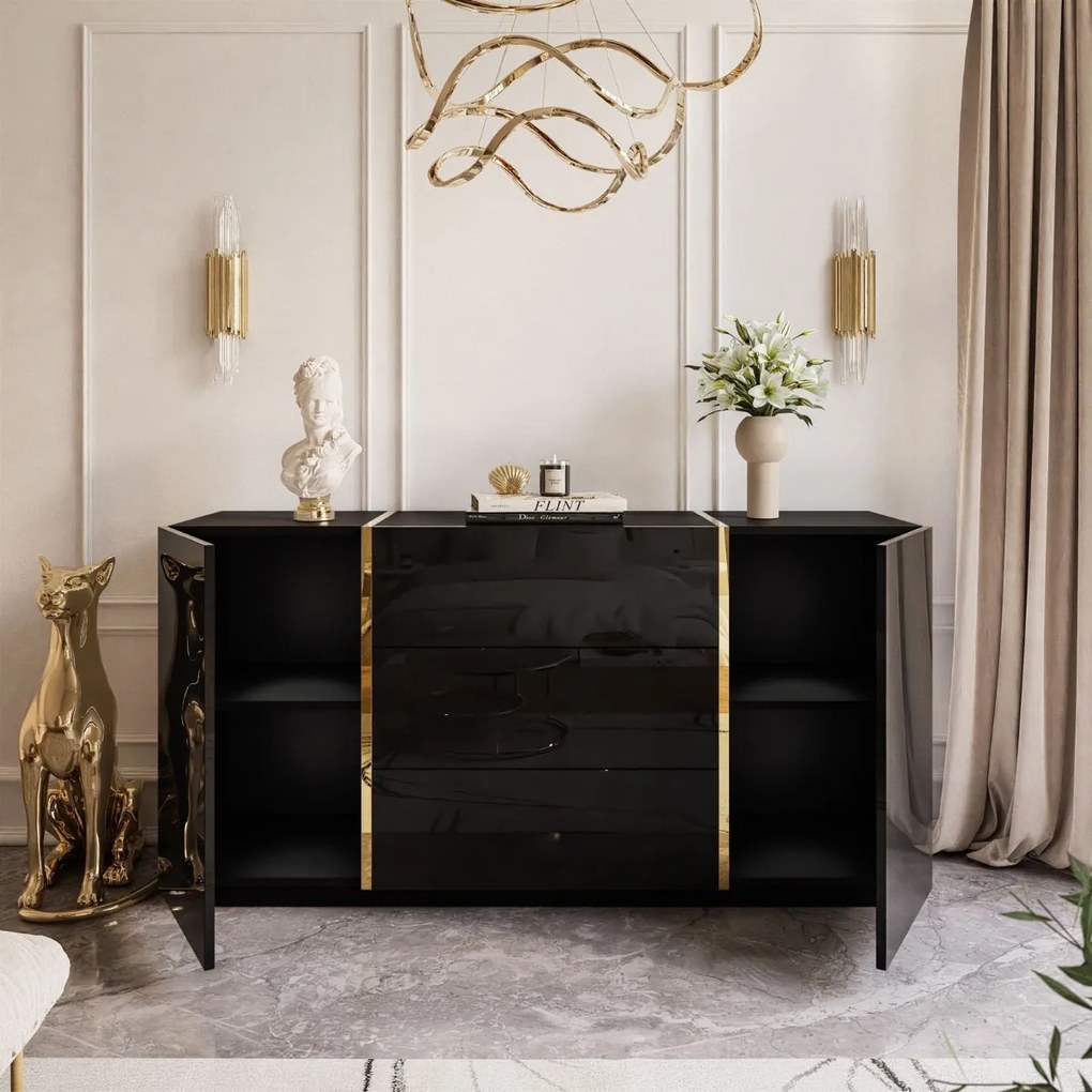 KOMODA SANTINO ČIERNY LESK / ZLATÁ 158 cm