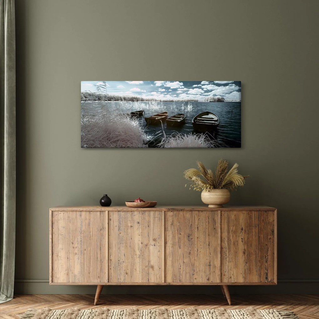 Obraz - Drevené loďky na jazere (120x50 cm)