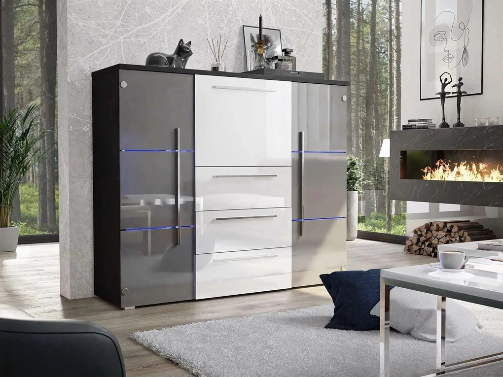 KOMODA BEATE LED ŠEDÁ + BIELE ZÁSUVKY + ČIERNY KORPUS VYSOKÝ LESK 136 cm