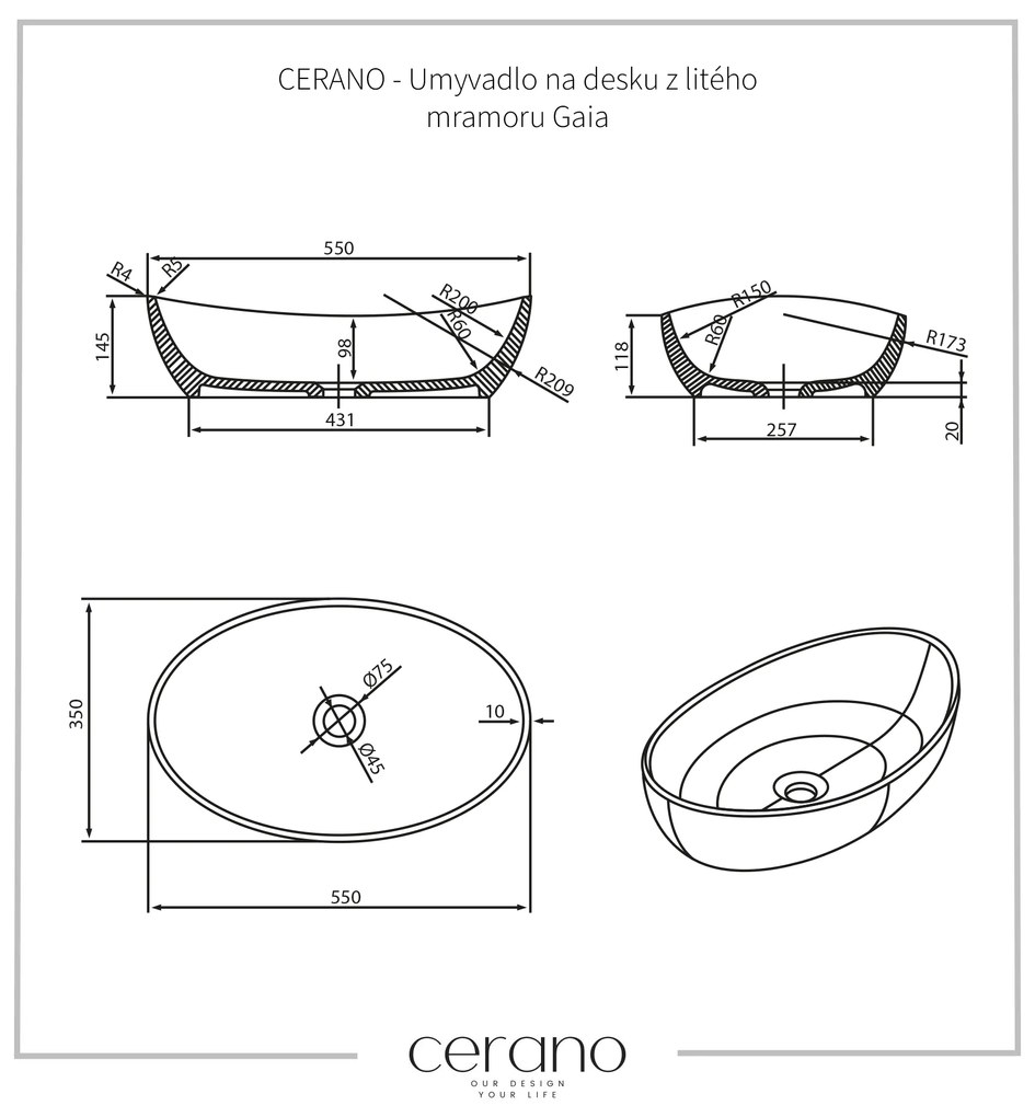 Cerano Gaia, umývadlo na dosku z liateho mramoru 555x350x140 mm, čierna matná, CER-CER-WB12B