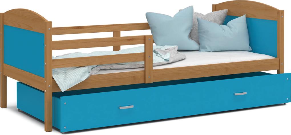 MAXMAX Detská posteľ so zásuvkou MATTEO - 200x90 cm - modrá / jelša