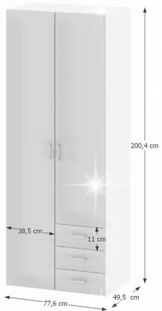 Šatníková skriňa Got 70425 2D (biela + vysoký lesk biely). Vlastná spoľahlivá doprava až k Vám domov. 794118