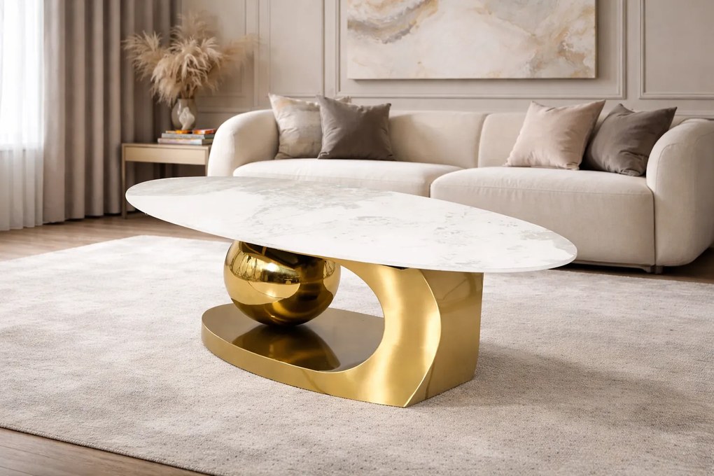 KONFERENČNÝ STOLÍK ESPEN BIELY MRAMOR + ZLATÝ 130 cm