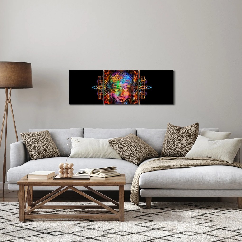 Obraz - Busta Budhu v neónových farbách (s hodinami) (90x30 cm)