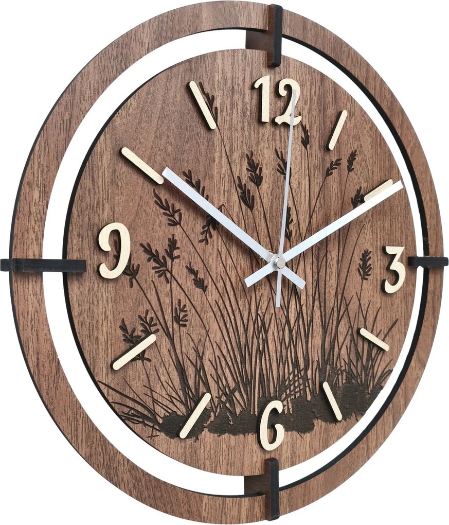 Drevené nástenné hodiny s motívom lúčnych tráv | LIANA: HDF - Javor 30 cm 4809-115521 HDF0705-ruky-silver