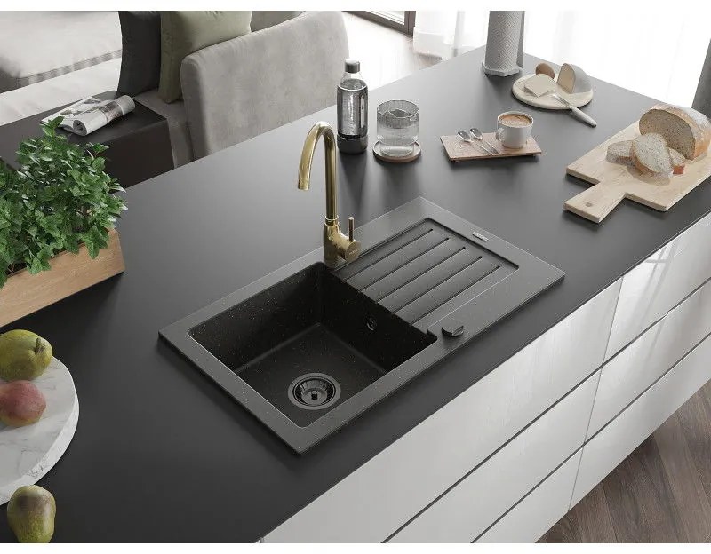 Mexen Pablo, granitový drez 752x436x161 mm, 1-komorový a zlatá batéria Telma, čierna-zlatá metalíza, 6510-75-670200-50-B
