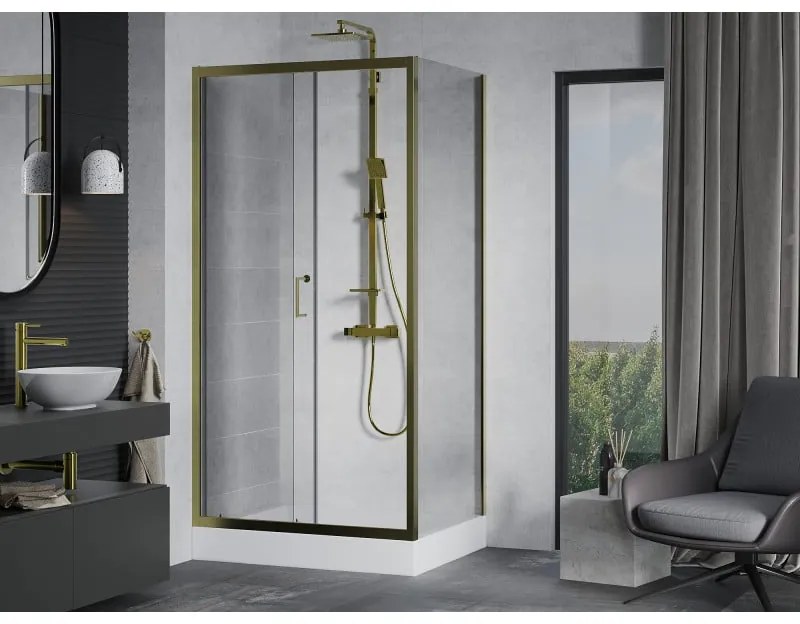 Mexen Apia, sprchový kút s posuvnými dverami 120 (dvere) x 80 (stena) cm, 6mm číre sklo, zlatý profil + biela sprchová vanička RIO, 840-120-080-50-00-4510