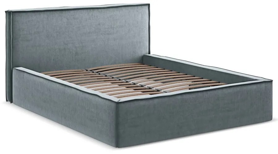 Svetlomodrá čalúnená dvojlôžková posteľ s úložným priestorom s roštom 160x200 cm Anani – Makamii